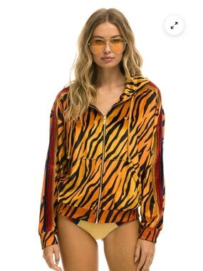 Aviator Nation Classic Velvet Relaxed Zip Hoodie Jacket Orange Tiger Rainbow